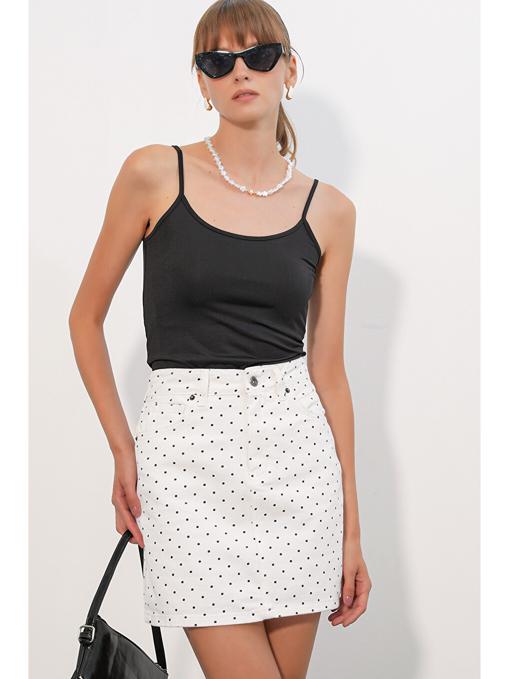 Kadın Puantiyeli Mini Jean Etek 8086 - Beyaz-4