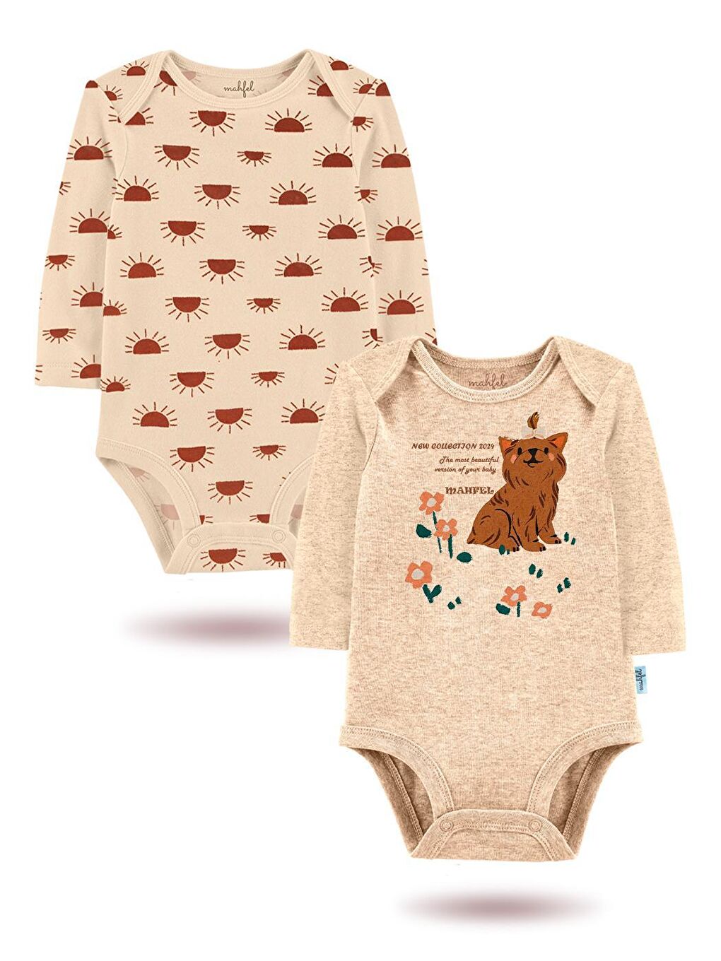 Bej 2'Li "Little Dog"Baskılı Uzun Kollu Kız Bebek Çıtçıtlı Body