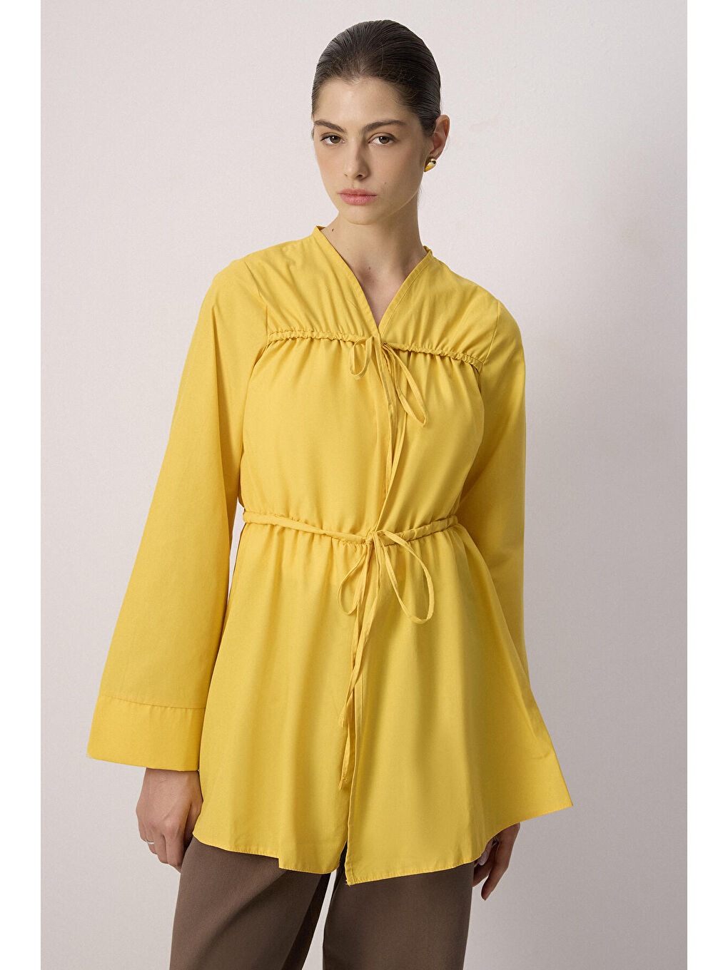 Sarı Önü Büzgülü Poplin Kimono-1