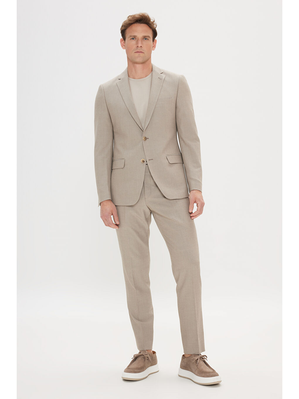 Erkek Bej Dar Kesim Mono Yaka Gofre Desenli Takım Elbise