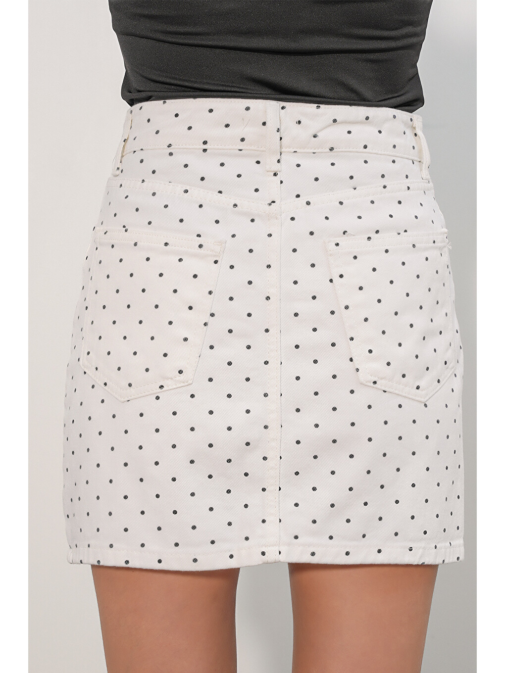 Kadın Puantiyeli Mini Jean Etek 8086 - Beyaz-6