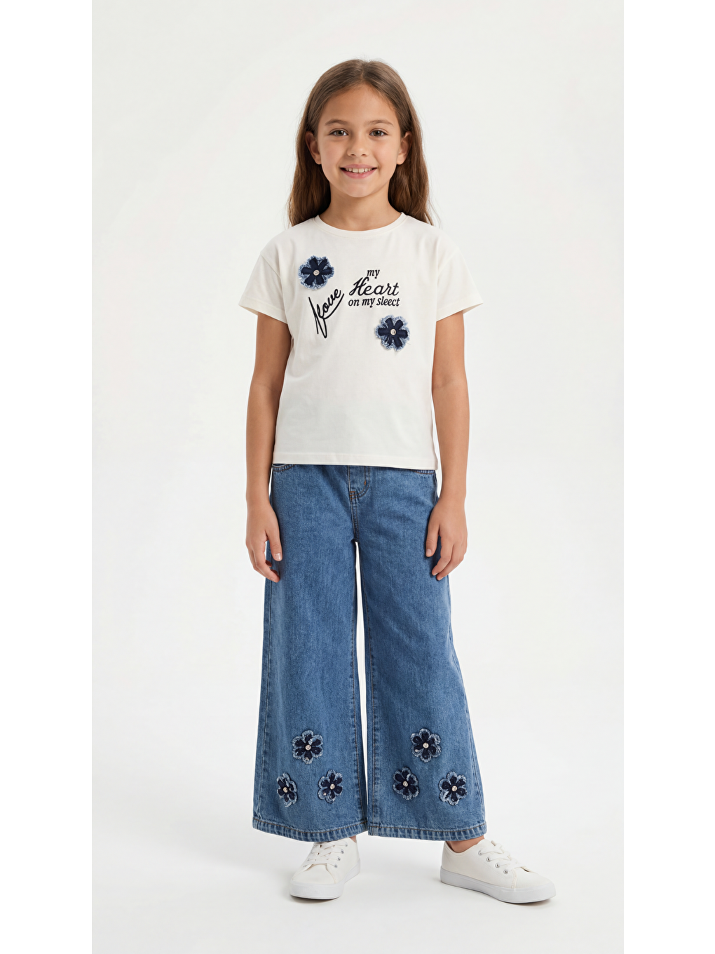 Ekru Çiçek Aplikeli Kız Çocuk Tişört-Pantolon Takım