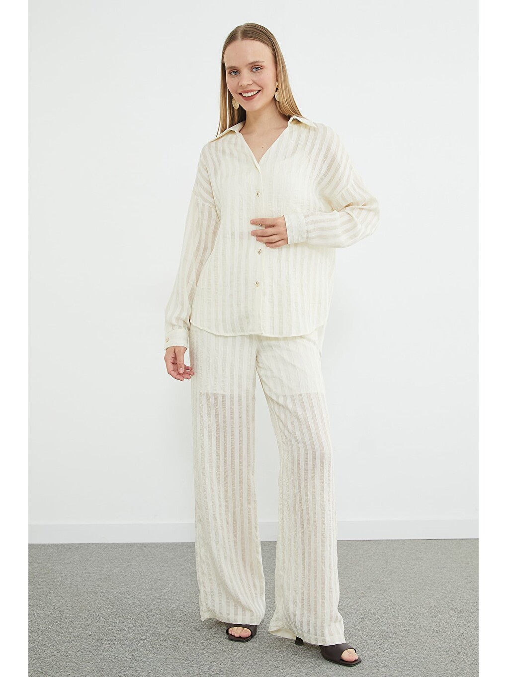 Ekru Şeritli Arkası Uzun Oversize 2 Li Takım