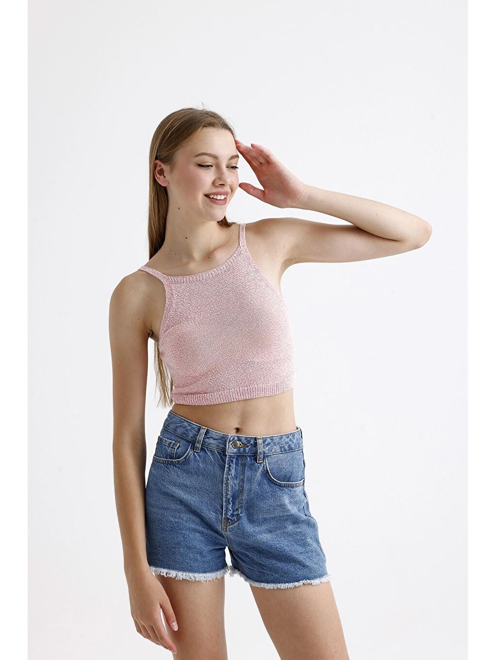 Stil Diva Pembe İnce Askılı Kolsuz Triko Crop Bluz - 3