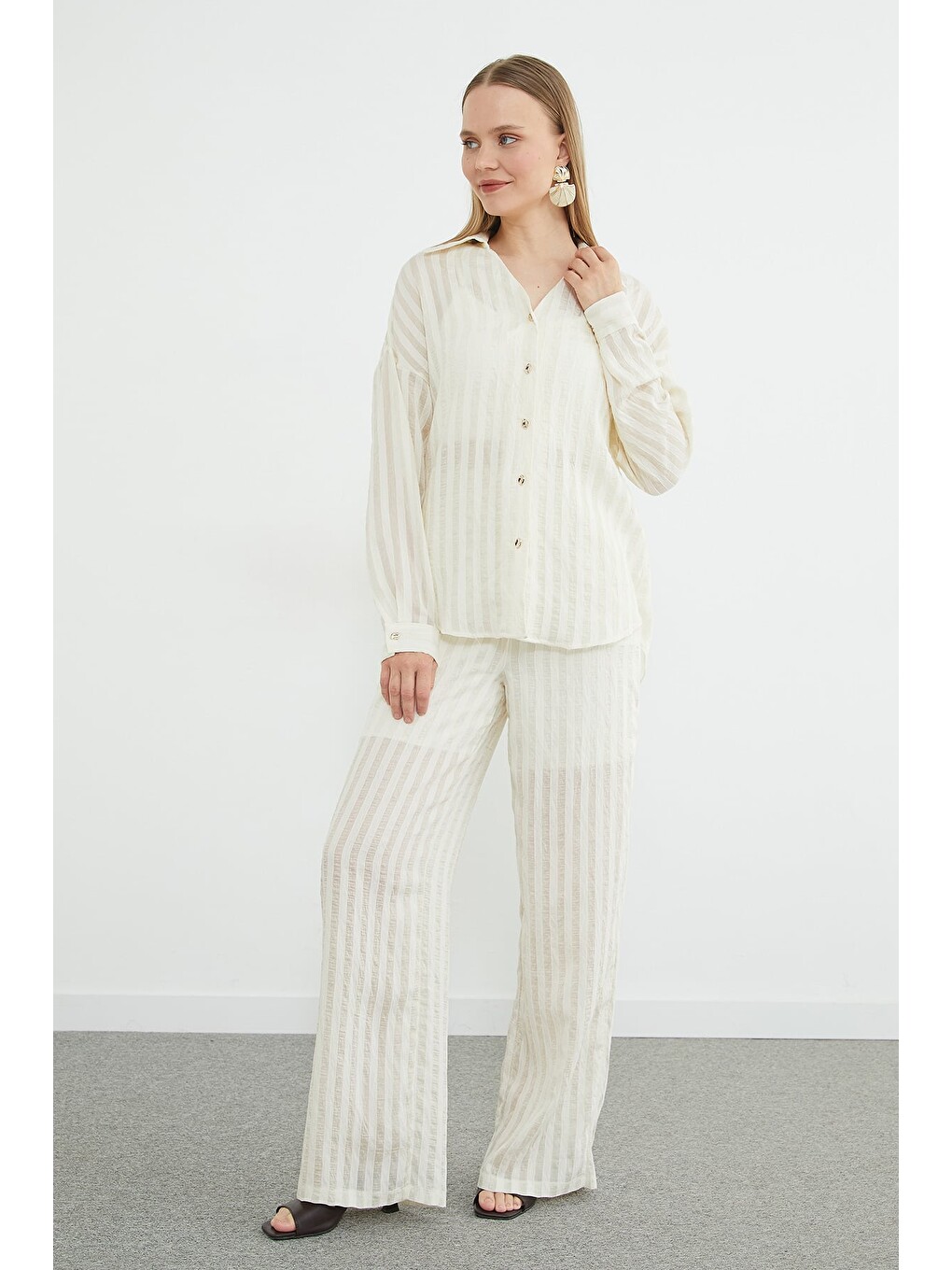 Ekru Şeritli Arkası Uzun Oversize 2 Li Takım-2