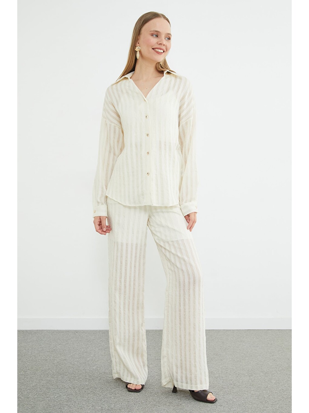 Ekru Şeritli Arkası Uzun Oversize 2 Li Takım-4