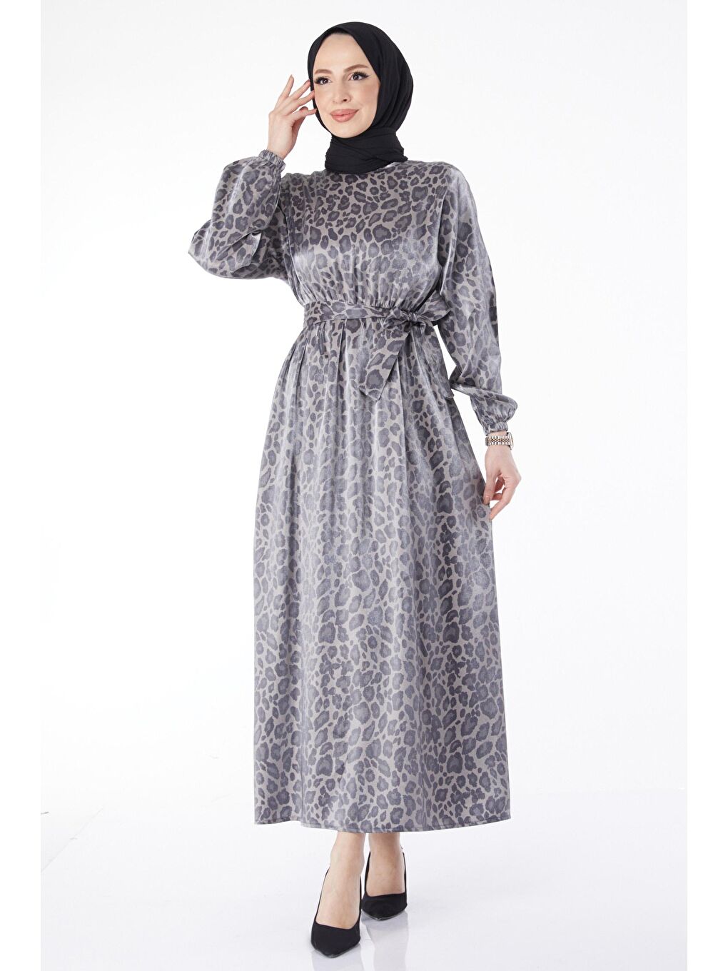 Bisiklet Yaka Kadın Gri Parlak Leopar Desenli Elbise - 24573-1