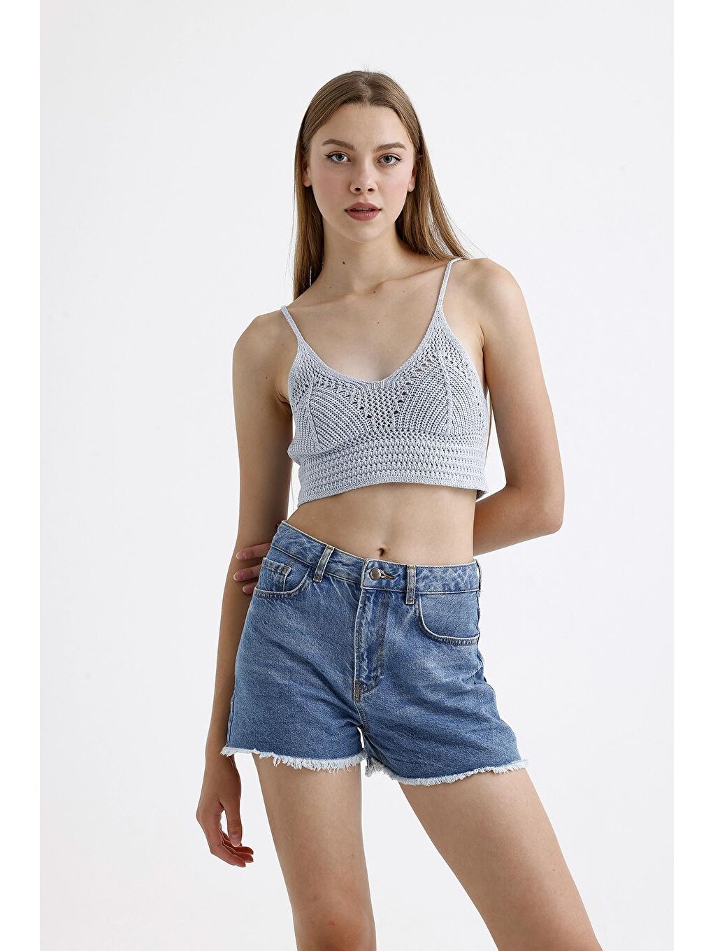 Stil Diva Mavi İnce Askılı Kolsuz Triko Crop Bluz - 1