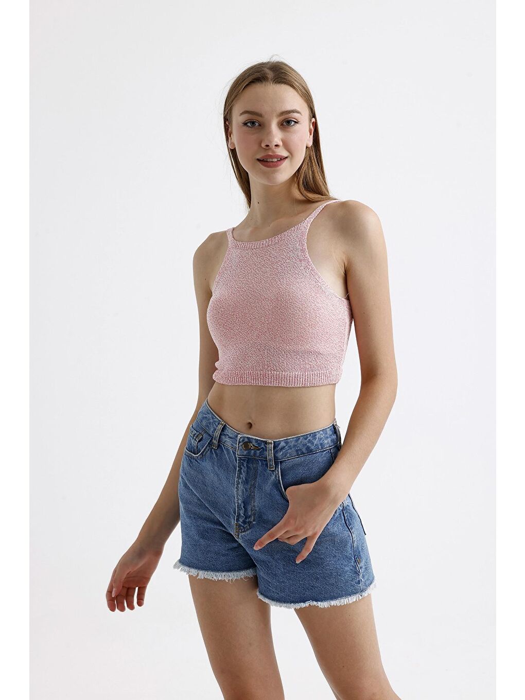 Stil Diva Pembe İnce Askılı Kolsuz Triko Crop Bluz - 4