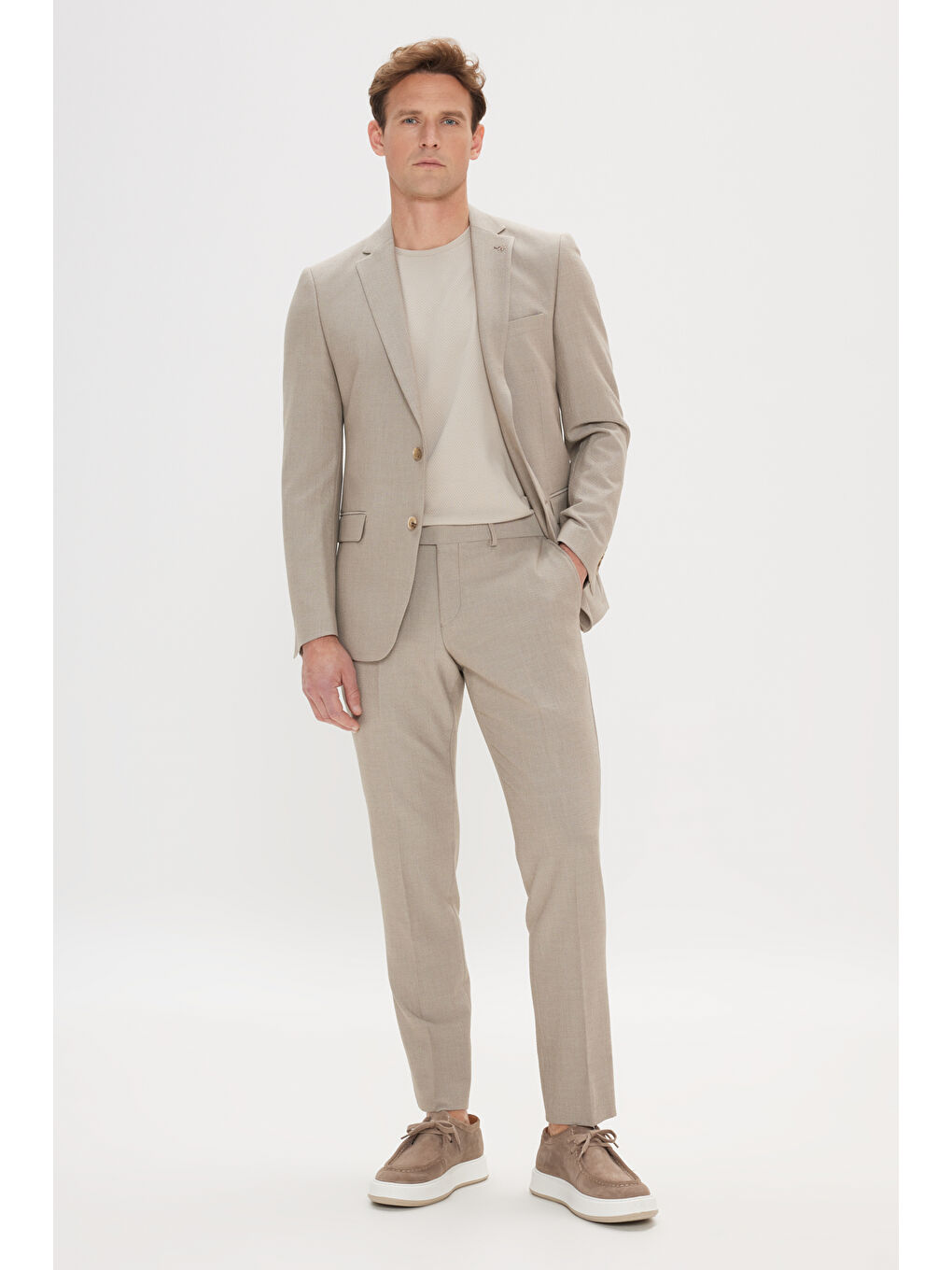 Erkek Bej Dar Kesim Mono Yaka Gofre Desenli Takım Elbise-3