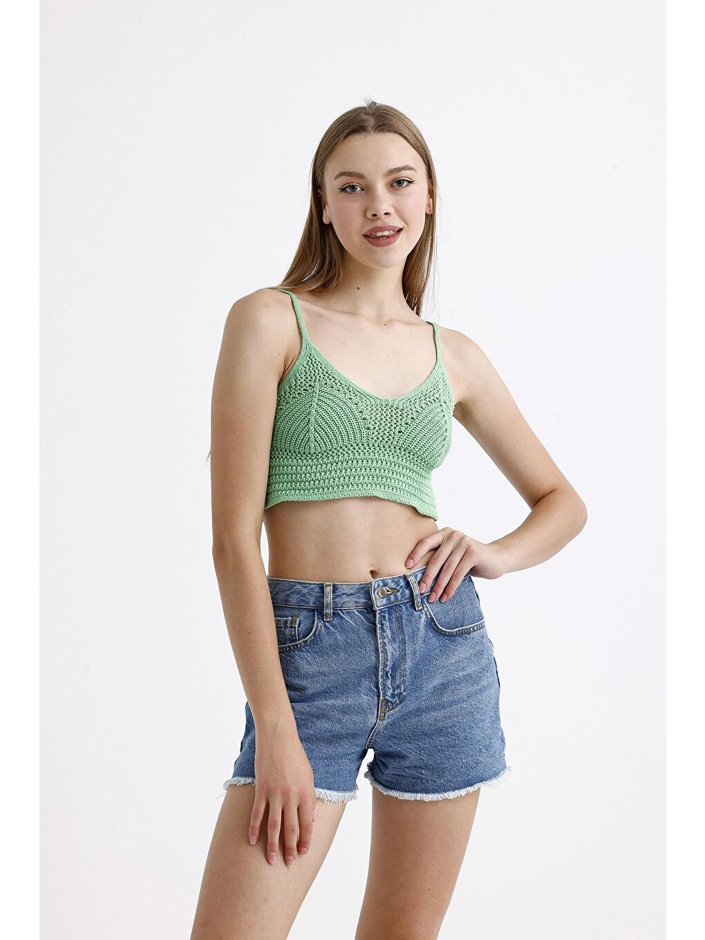 Stil Diva Yeşil İnce Askılı Kolsuz Triko Crop Bluz - 1