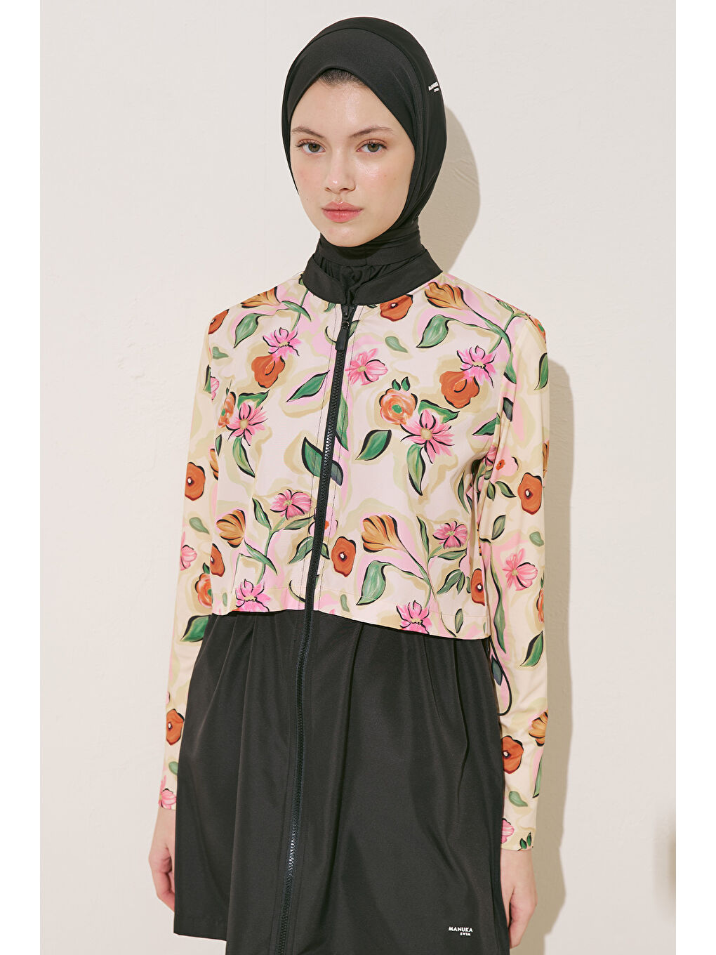 Sarı Fermuarlı 3'Lü Tesettür Mayo Takım Pure Floral-1