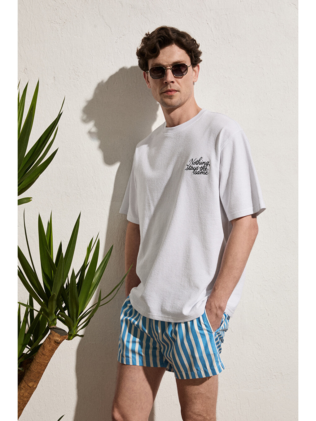 Beyaz CALIDO Erkek Organik Pamuklu Baskı Ve Nakışlı Bisiklet Yaka Oversıze BEYAZ T-Shirt-5