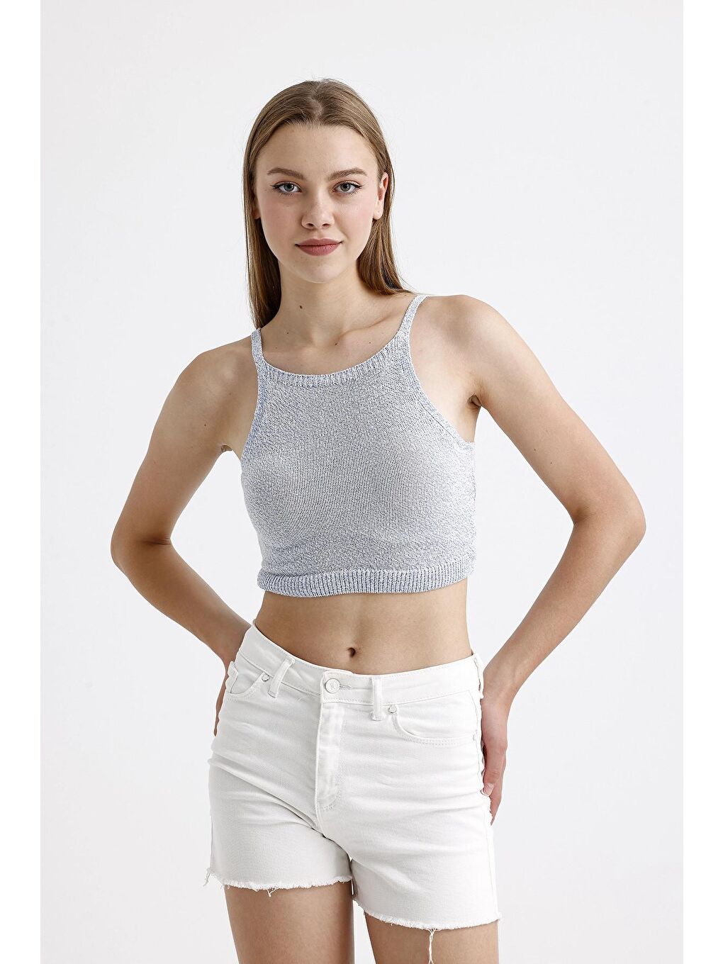 Stil Diva Mavi İnce Askılı Kolsuz Triko Crop Bluz