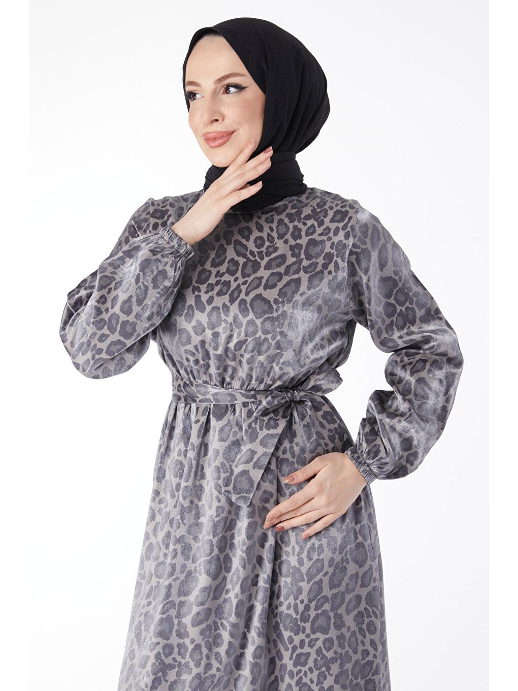 Bisiklet Yaka Kadın Gri Parlak Leopar Desenli Elbise - 24573-2