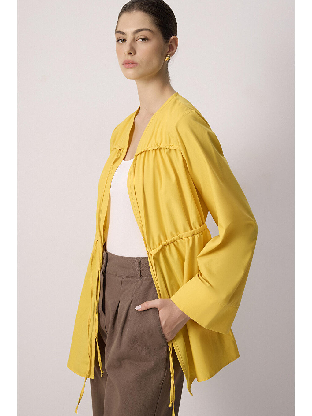 Sarı Önü Büzgülü Poplin Kimono-2