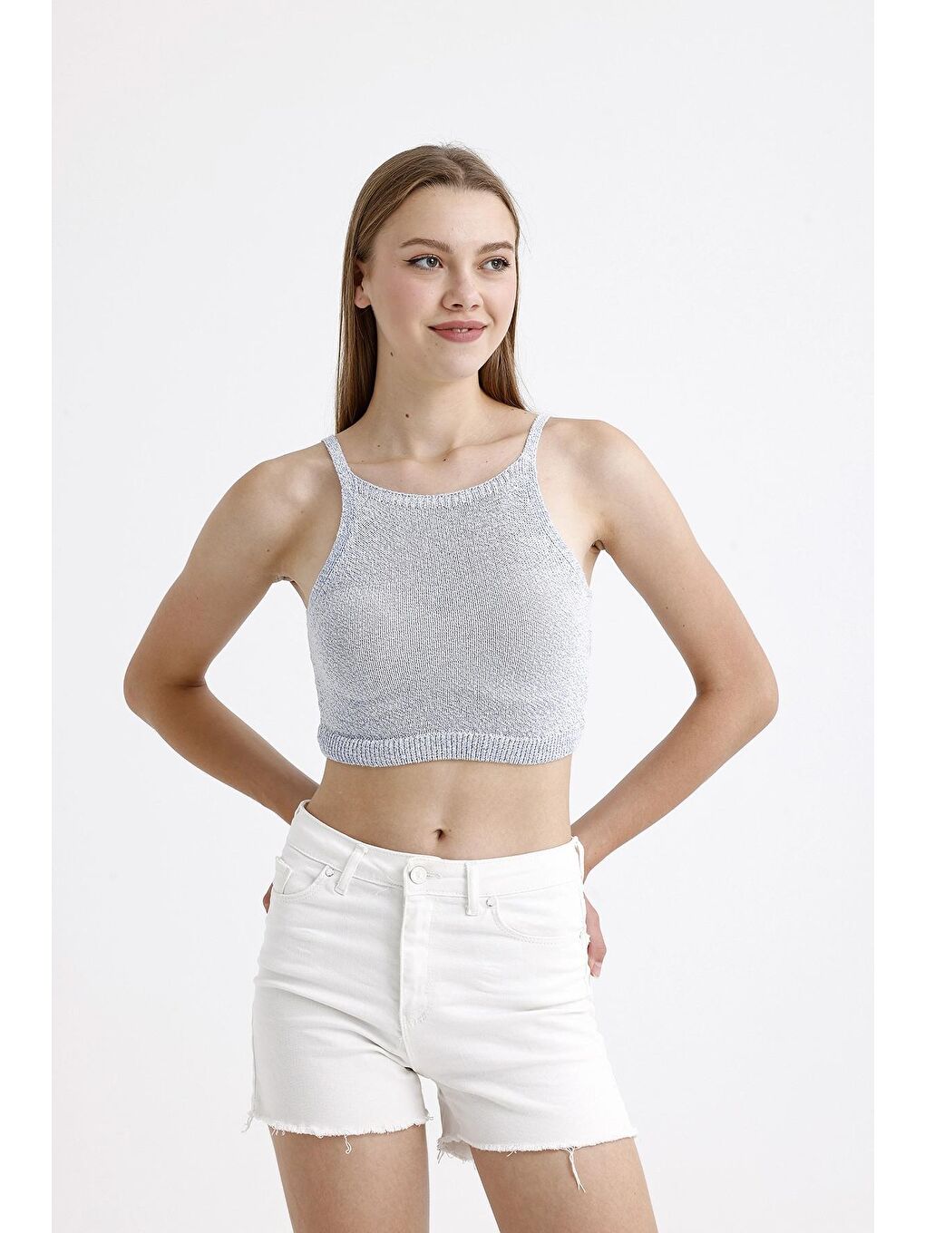 Stil Diva Mavi İnce Askılı Kolsuz Triko Crop Bluz - 1