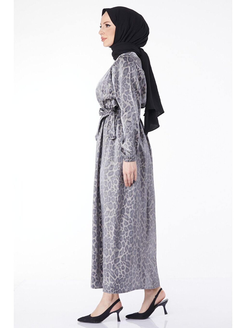Bisiklet Yaka Kadın Gri Parlak Leopar Desenli Elbise - 24573-3