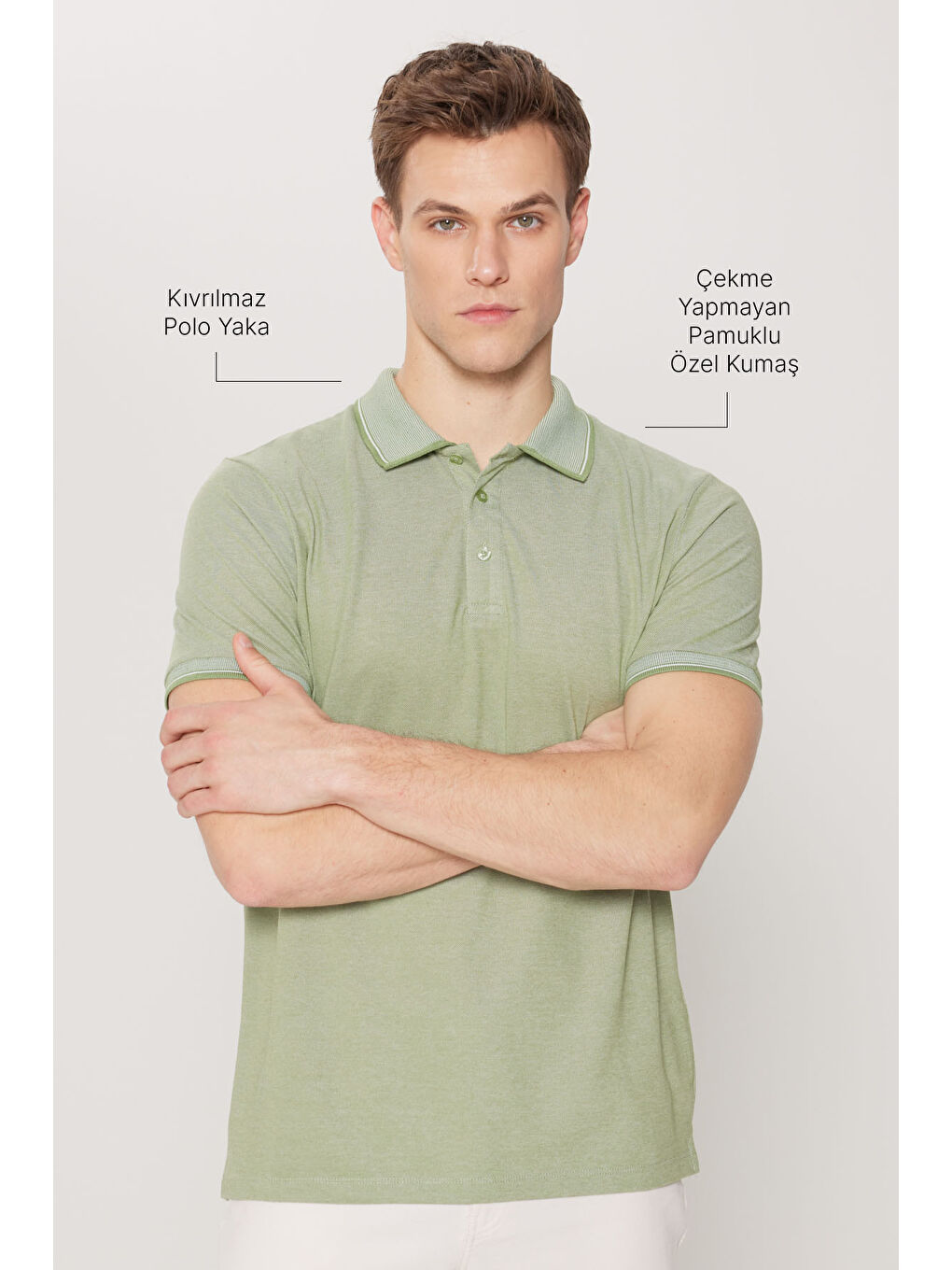 Erkek Yeşil Slim Fit Dar Kesim Kıvrılmaz Polo Yaka Kısa Kollu Tişört-1