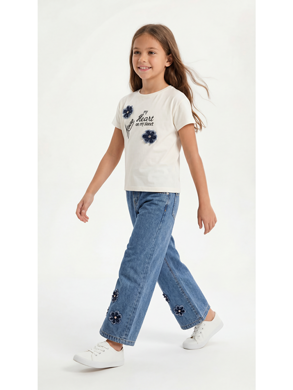 Ekru Çiçek Aplikeli Kız Çocuk Tişört-Pantolon Takım-2