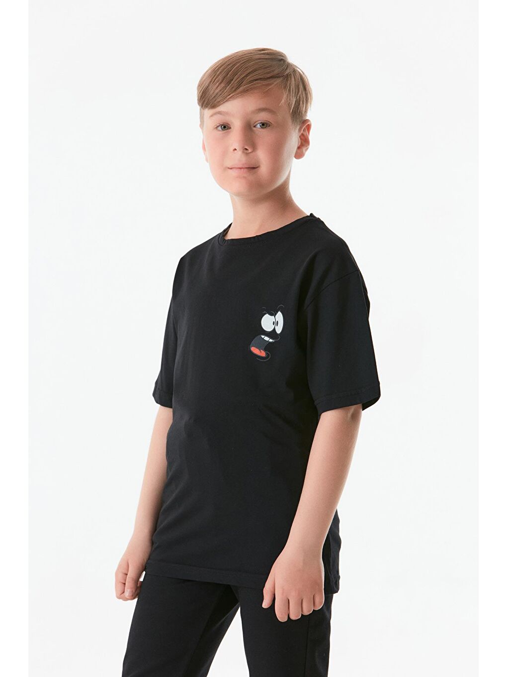 Siyah Baskılı Bisiklet Yaka Erkek Çocuk Tişört