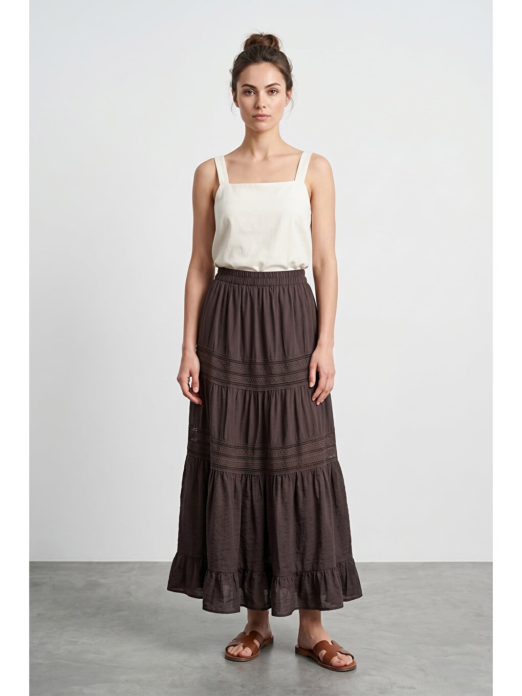 Kahverengi Beli Lastikli Dantelli Maxi Boy Etek