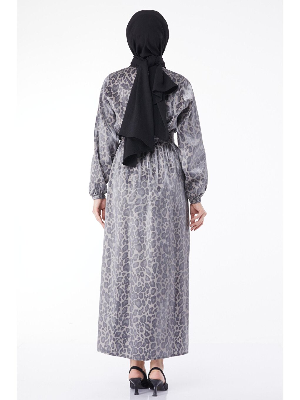 Bisiklet Yaka Kadın Gri Parlak Leopar Desenli Elbise - 24573-4