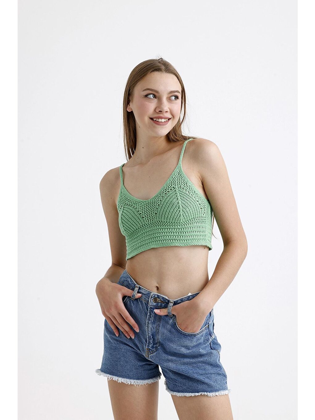 Stil Diva Yeşil İnce Askılı Kolsuz Triko Crop Bluz - 4