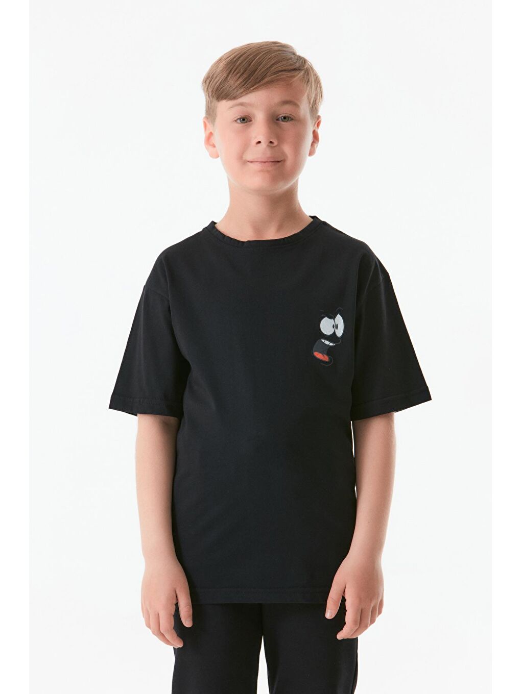 Siyah Baskılı Bisiklet Yaka Erkek Çocuk Tişört-1