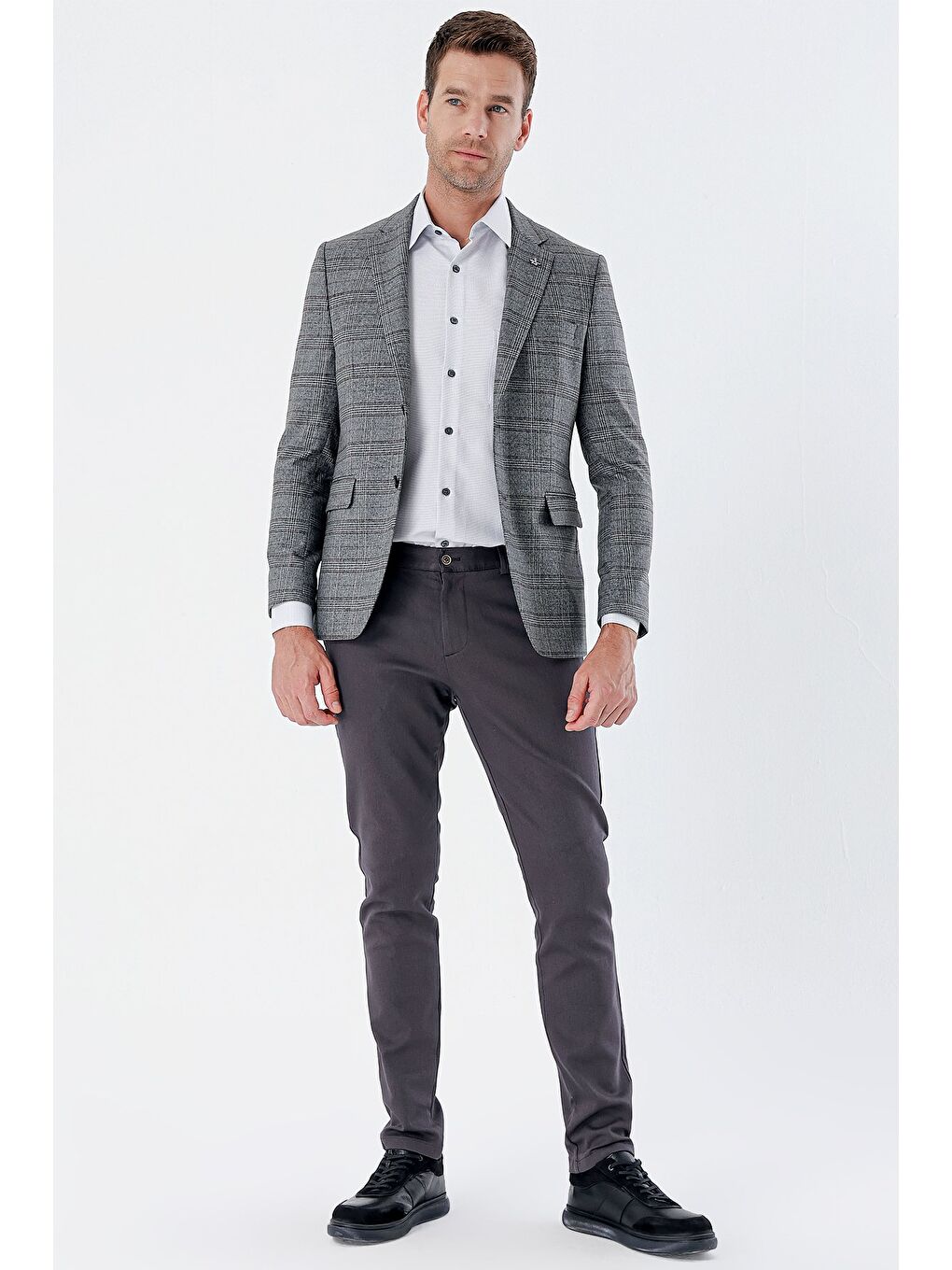 Koyu Antrasit Ekoseli Mono Yaka Astarlı Çift Yırtmaç 6 Drop Slim Fit Klasik Ceket 1002235134-1