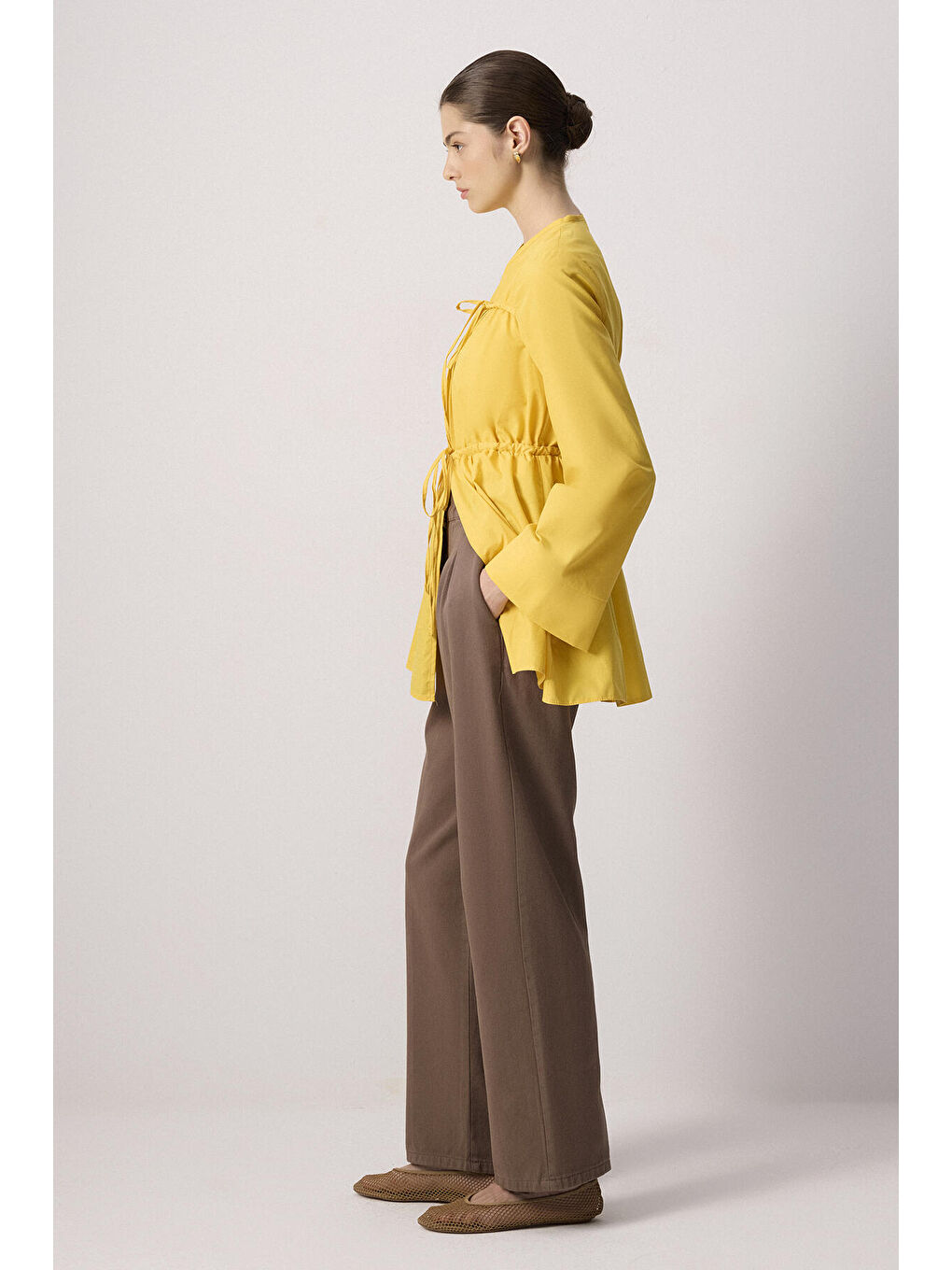 Sarı Önü Büzgülü Poplin Kimono-3