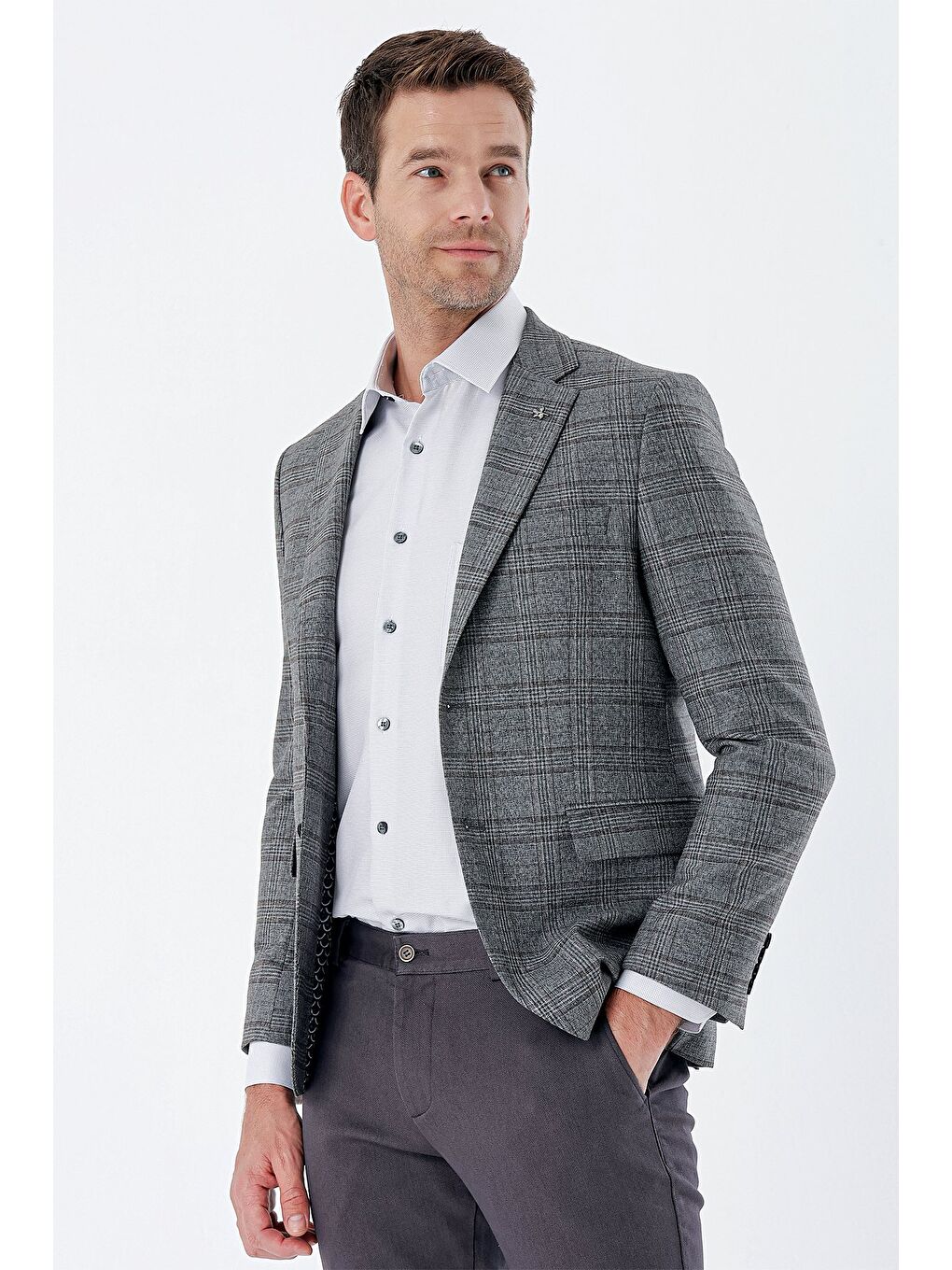 Koyu Antrasit Ekoseli Mono Yaka Astarlı Çift Yırtmaç 6 Drop Slim Fit Klasik Ceket 1002235134-2