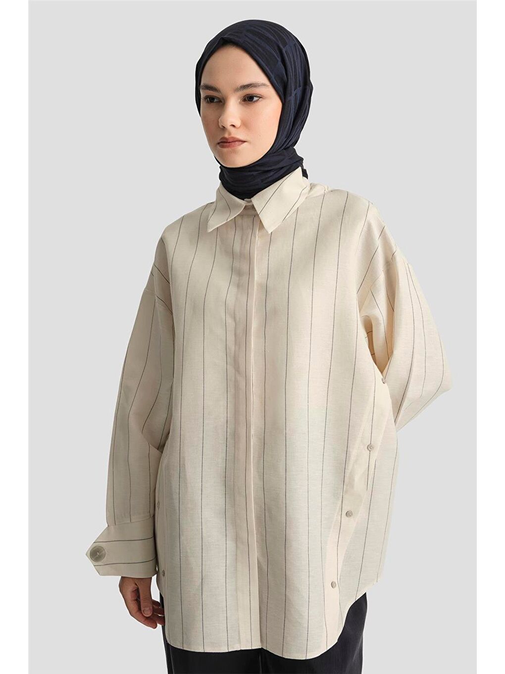 Pat Detaylı Çizgili Keten Tunik 25Y4605 Beyaz-2