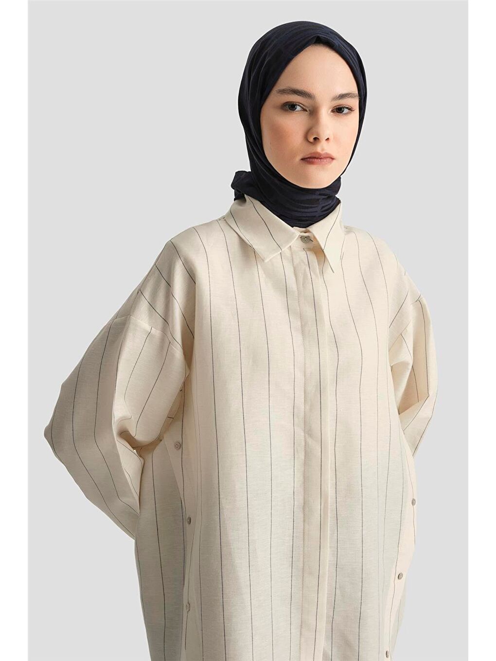 Pat Detaylı Çizgili Keten Tunik 25Y4605 Beyaz-3