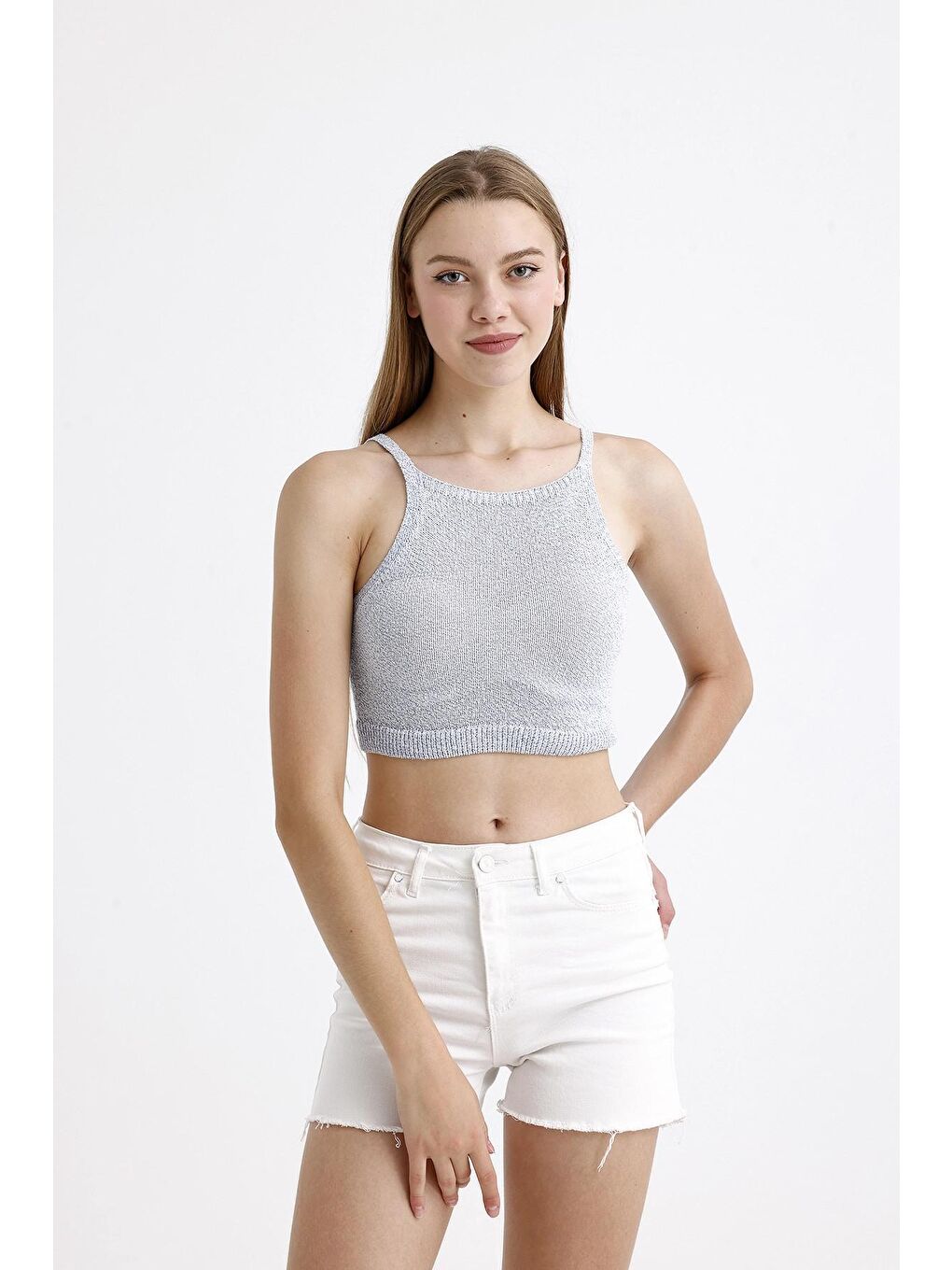 Stil Diva Mavi İnce Askılı Kolsuz Triko Crop Bluz - 4