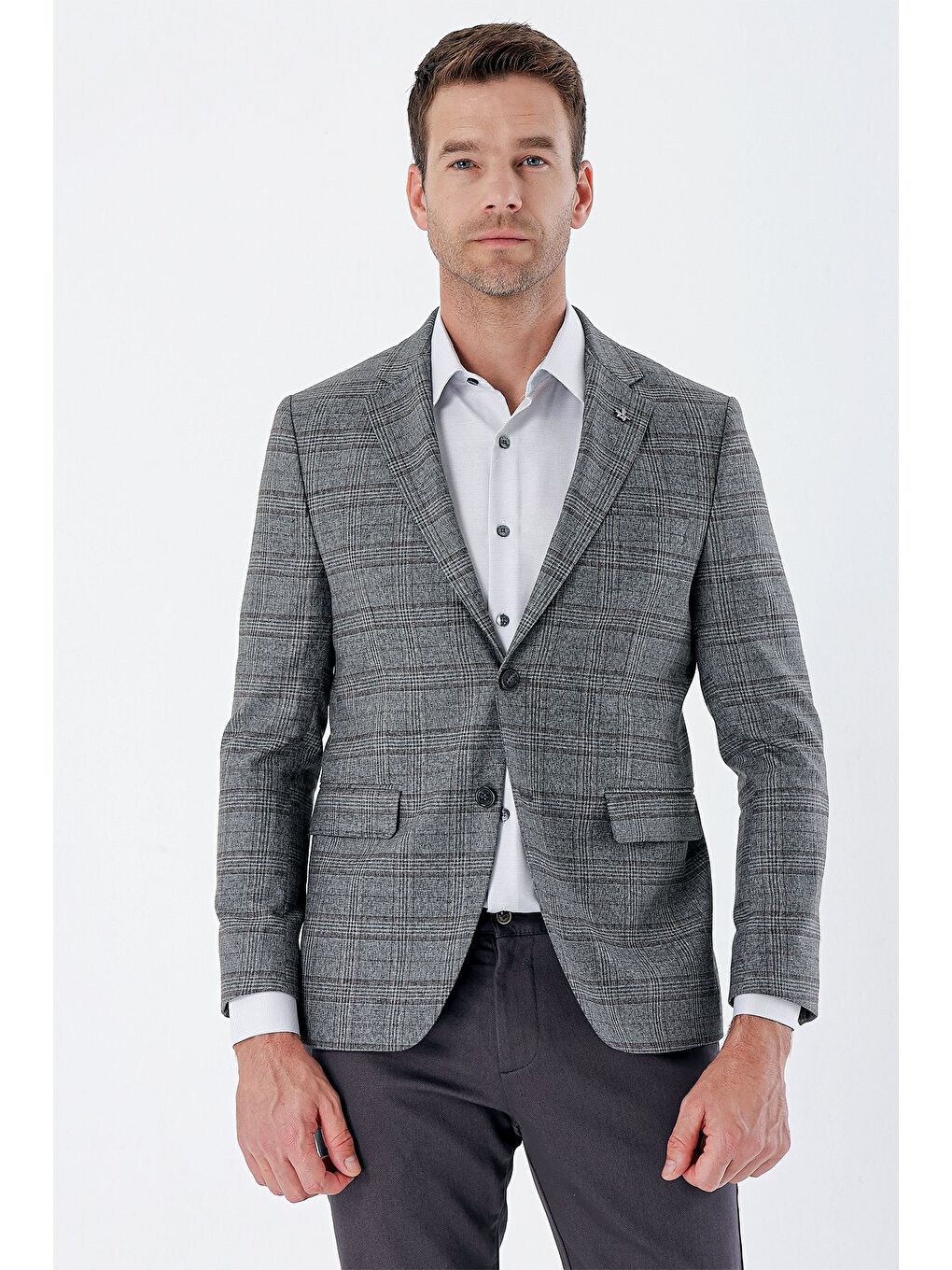 Koyu Antrasit Ekoseli Mono Yaka Astarlı Çift Yırtmaç 6 Drop Slim Fit Klasik Ceket 1002235134-4