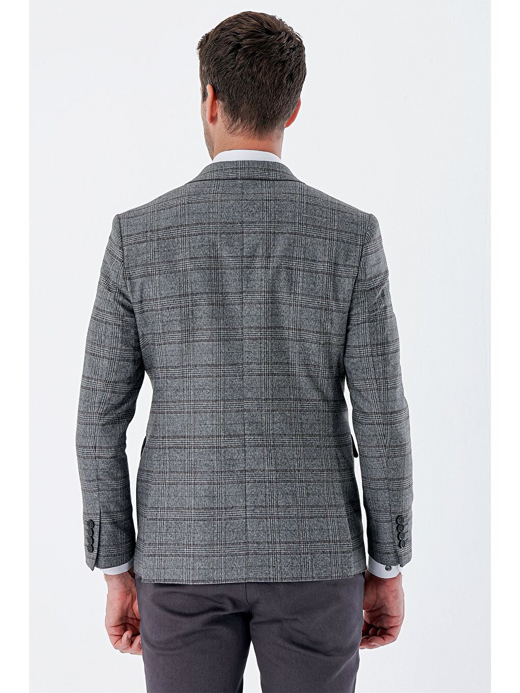 Koyu Antrasit Ekoseli Mono Yaka Astarlı Çift Yırtmaç 6 Drop Slim Fit Klasik Ceket 1002235134-5