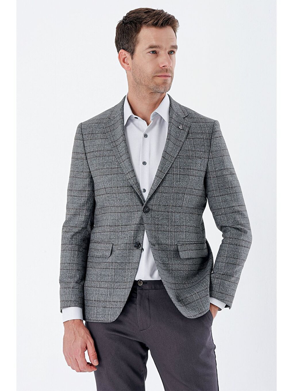 Koyu Antrasit Ekoseli Mono Yaka Astarlı Çift Yırtmaç 6 Drop Slim Fit Klasik Ceket 1002235134-6