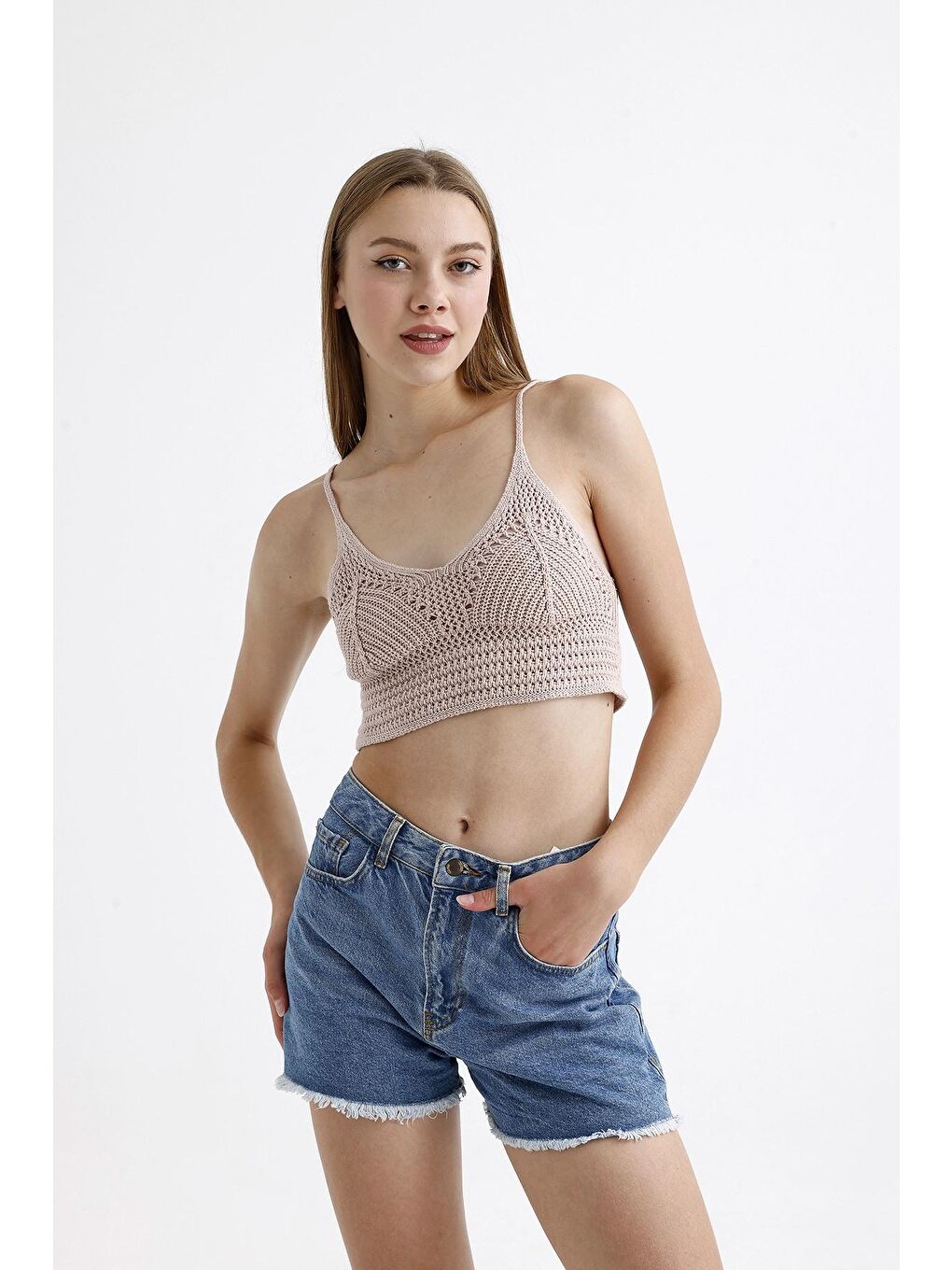 Stil Diva Pudra İnce Askılı Kolsuz Triko Crop Bluz - 1