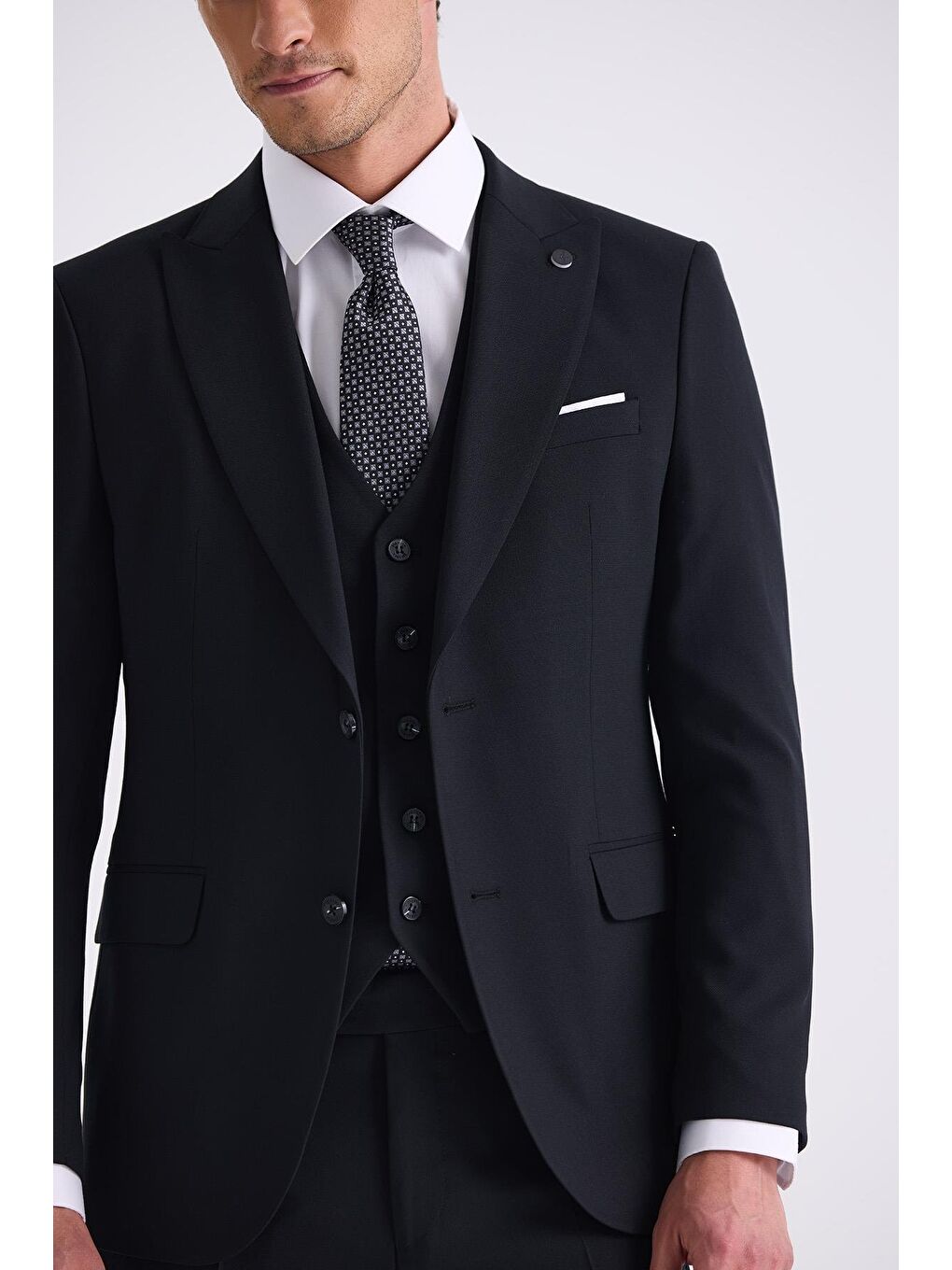 Siyah Slim Fit Sivri Yaka Yelekli Bamboo Takım Elbise-2