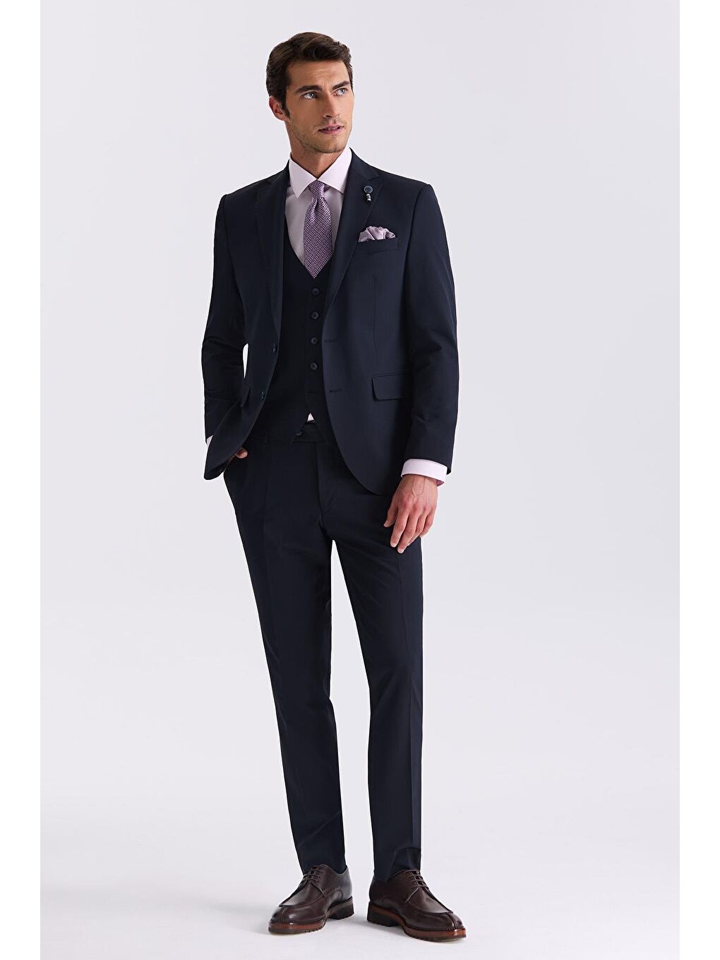 Lacivert Slim Fit Mono Yaka Yelekli Takım Elbise