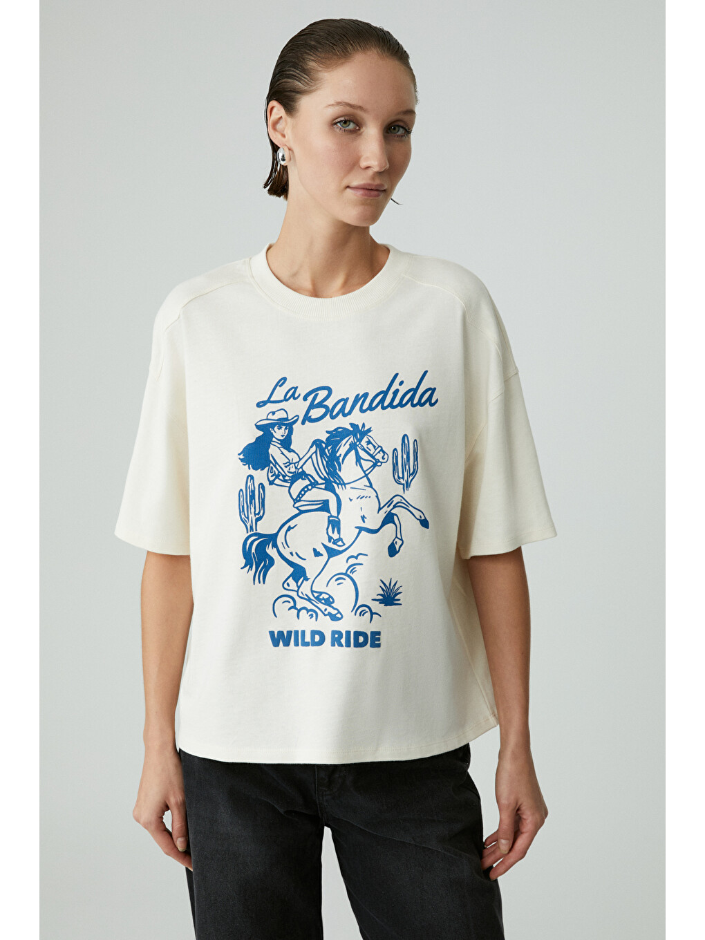 Berrıe Kadın Regular Baskılı Yuvarlak Yaka Ekru T-shirt