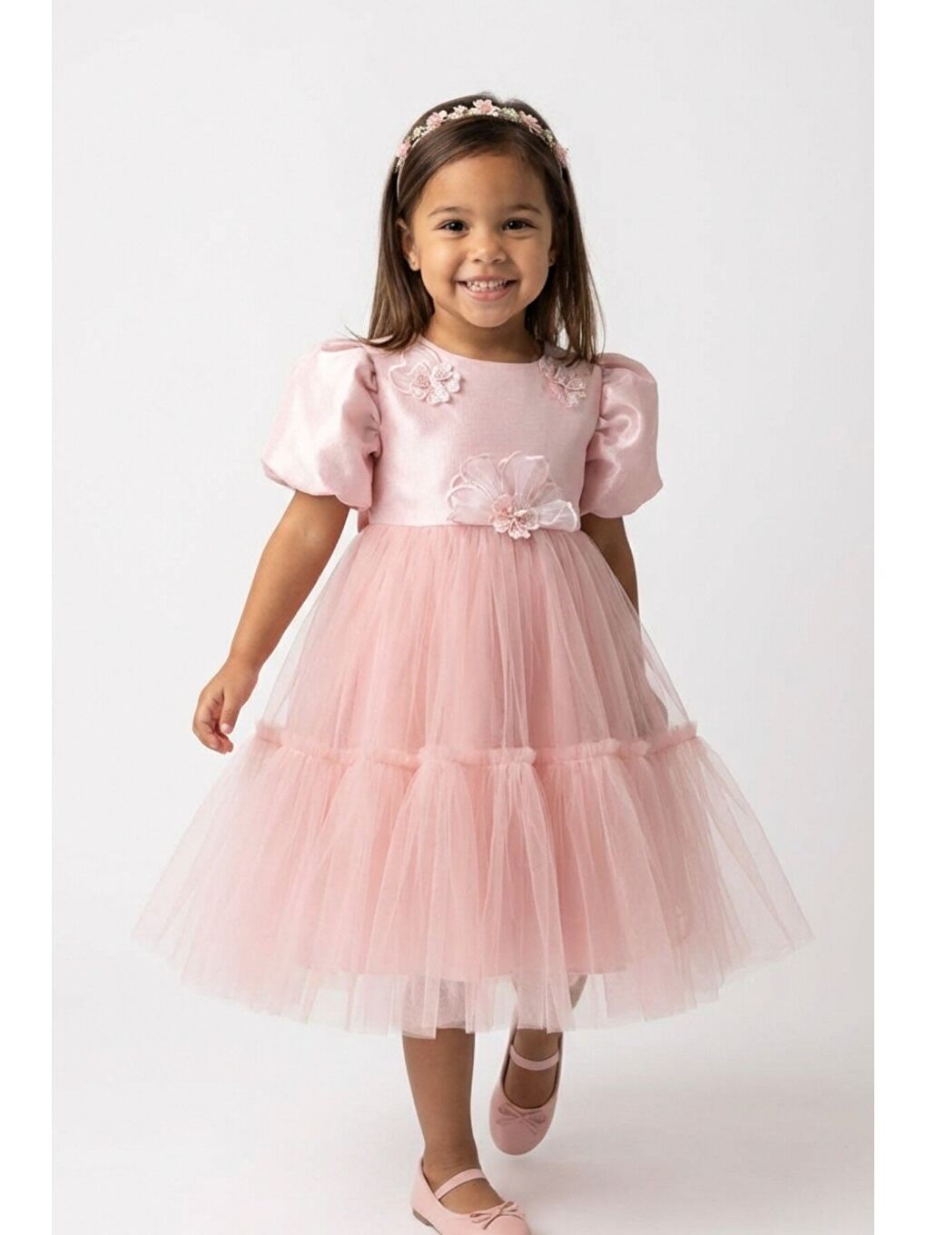 Pembe Kız Çocuk Çiçek Aksesuarlı Abiye