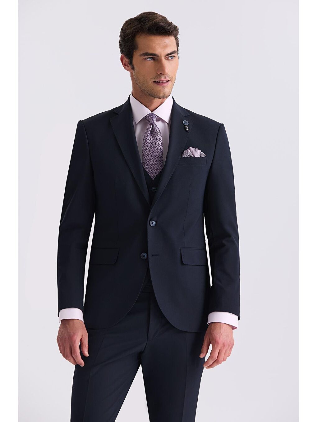 Lacivert Slim Fit Mono Yaka Yelekli Takım Elbise-1