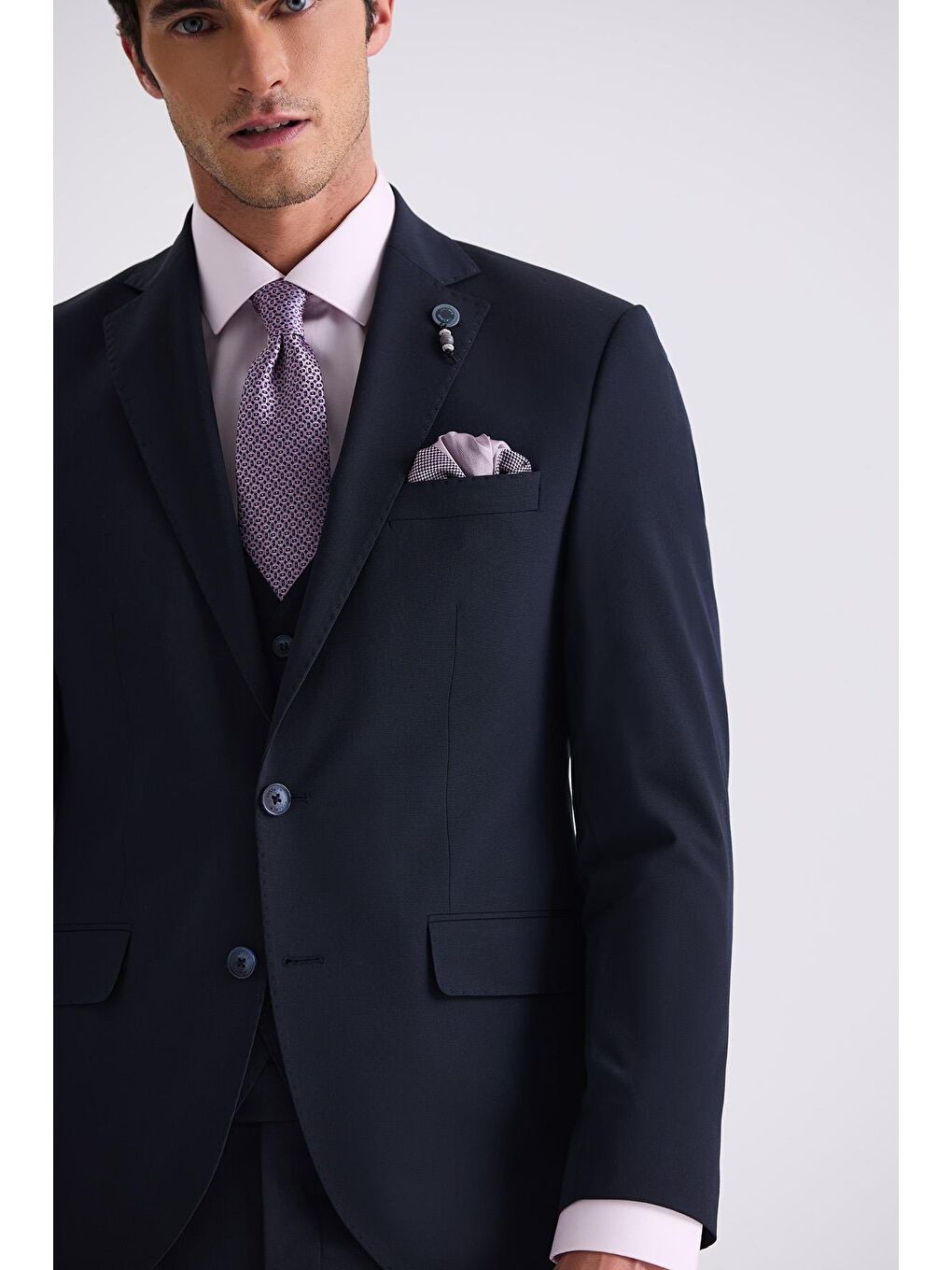 Lacivert Slim Fit Mono Yaka Yelekli Takım Elbise-2