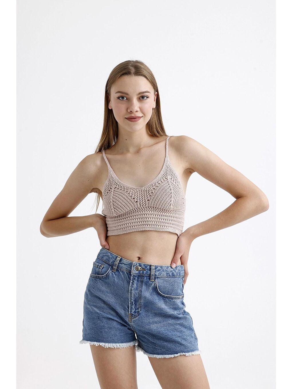 Stil Diva Pudra İnce Askılı Kolsuz Triko Crop Bluz - 4