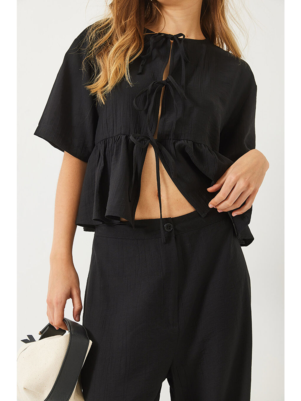 Siyah Kadın Bağlama Detaylı Kısa Kollu Bluz Pantolon Alt-Üst Takım-4