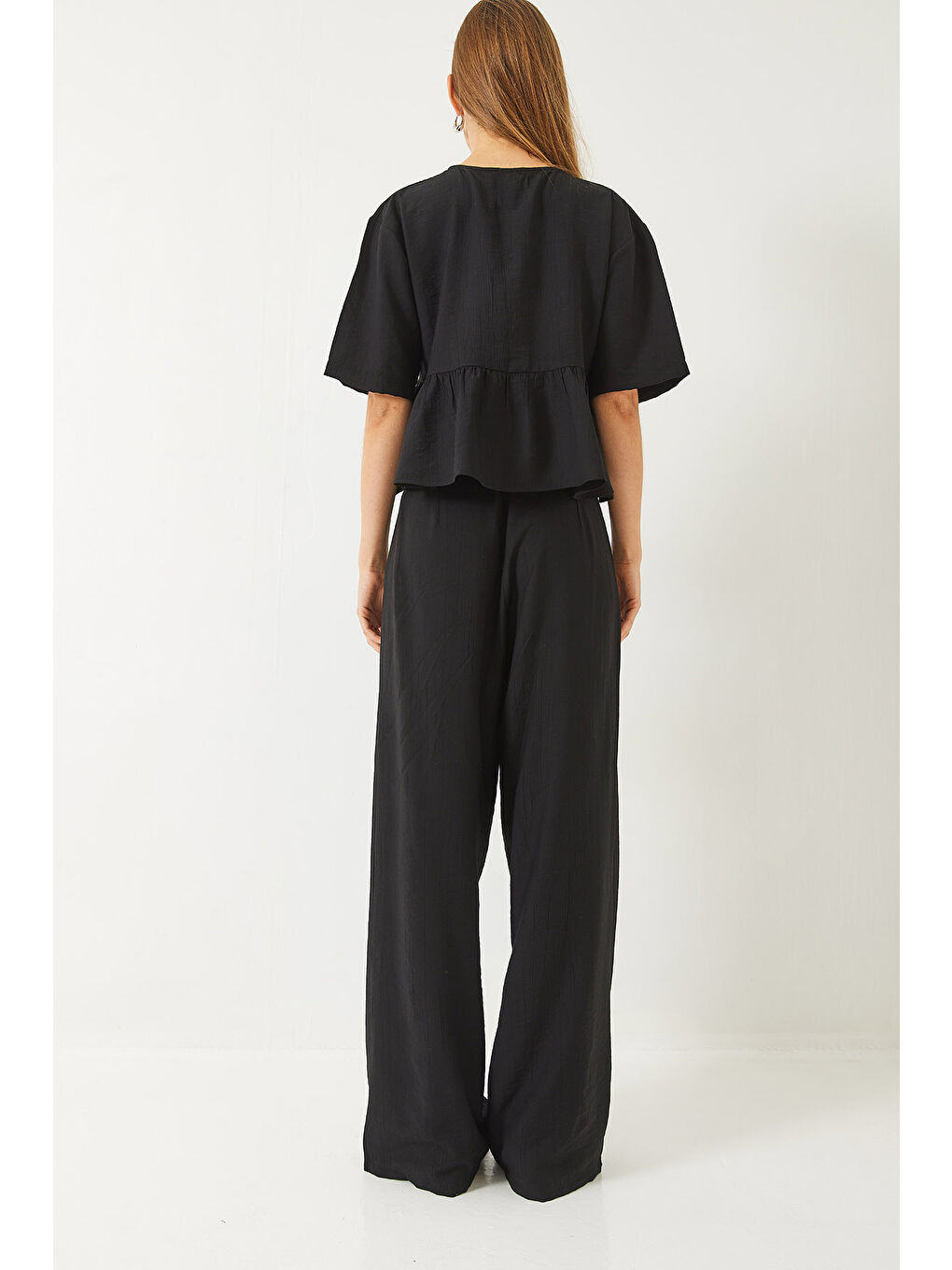 Siyah Kadın Bağlama Detaylı Kısa Kollu Bluz Pantolon Alt-Üst Takım-5