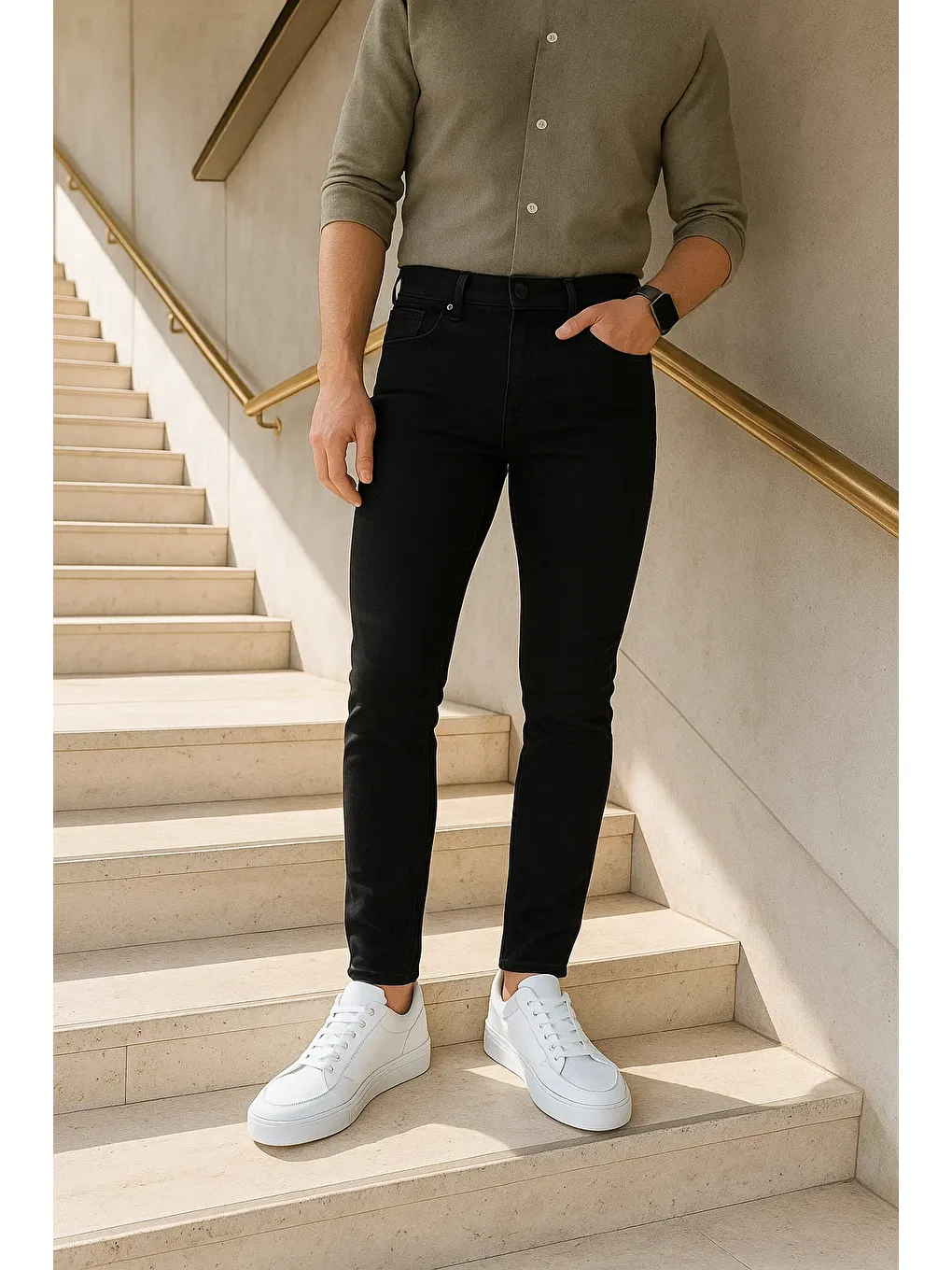 Erkek Yüksek Bel Premium Slim Fit Siyah Jean Pantolon-1