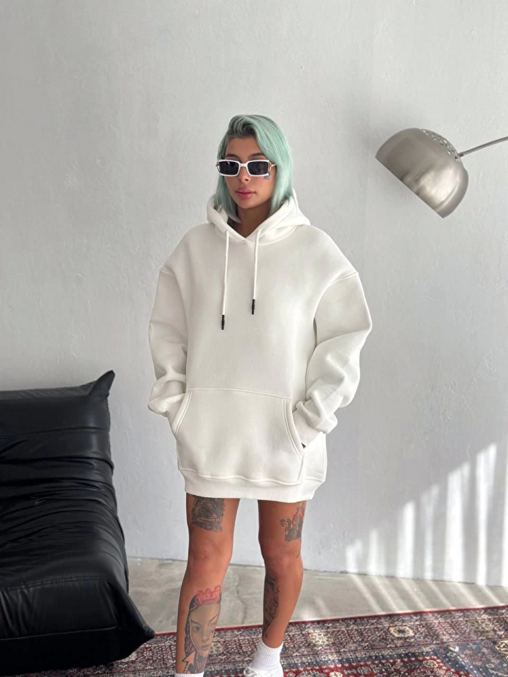 Kapüşonlu Üç İplik Penye Basic Sweatshirt - Beyaz-1